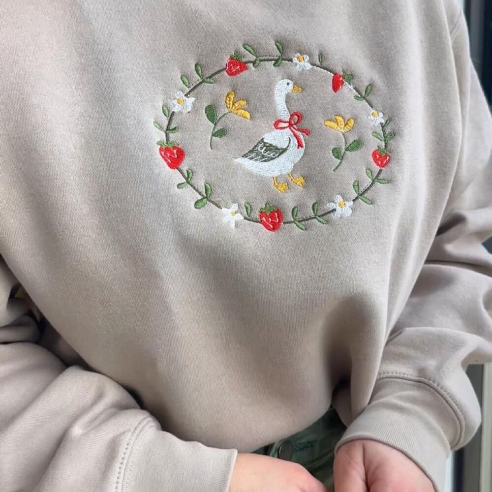 NWT Beige embroidered silly goose strawberry crewneck - Picture 6 of 6